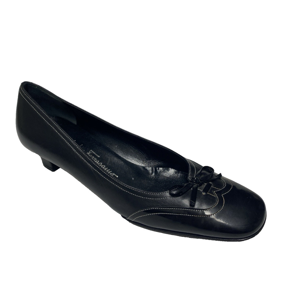 Salvatore Ferragamo Pump Leather Black Block Heel Patent Wingtip Bow 7.5 3A VTG